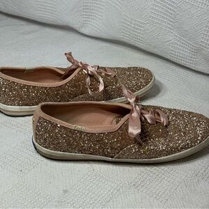 Keds X Kate Spade Sneaker Women's Size 8.5 Champion Glitter Rose Gold Satin Lace